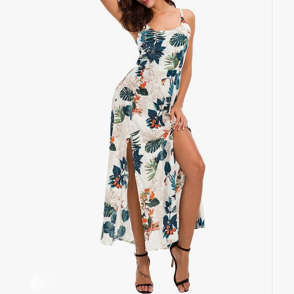Womens Sexy Sleeveless Split Long Beach Dress Floral Print Maxi Dress S Apricot&
